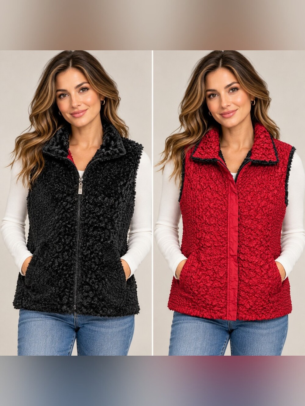 UBU Reversible Black Faux Fur Red Crinkle Textured Vest - Medium